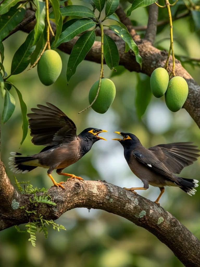 আম গাছের ডালে বসে শালিক পাখির ঝগড়া।