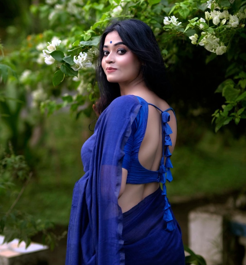 Keya Ghosh - West Bengal Beautiful Saree Blouse Model - Blue Blouse Blue Saree Lover - Indian Women Saree Blouse Beauty - Blue Saree Blouse Fashion - Backless Blouse Fashion