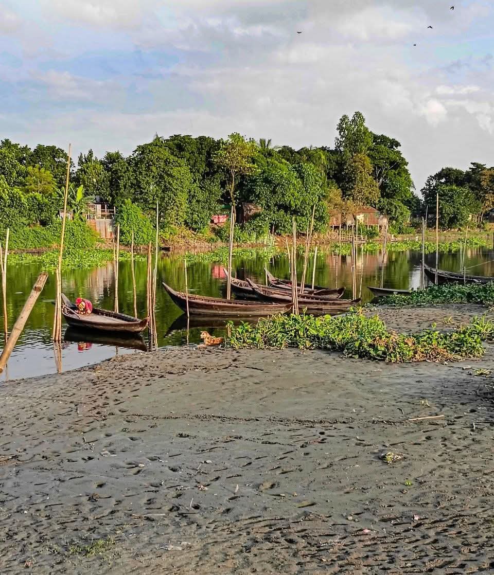 ছোট্ট নদী। সারি সারি বাঁধা ডিঙি নৌকা।