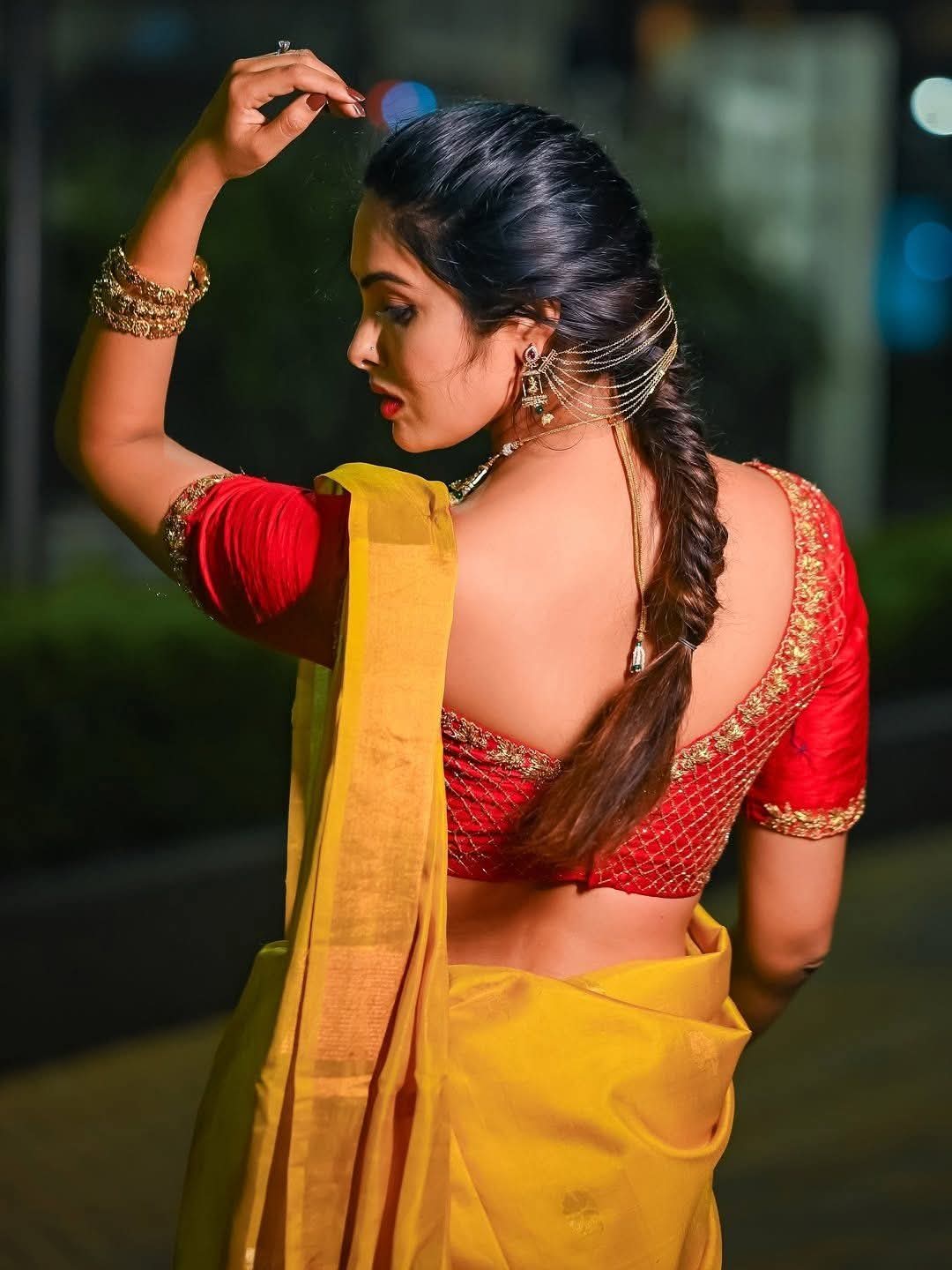 Divi Vadthya - Indian Saree Blouse Model - Indian Backless Blouse Design - Indian Saree Shoot - Indian Yellow Saree Beauty - Indian Red Blouse Beauty - Indian Backless Blouse Fashion - Indian Hot Woman Photo - Red Blouse Lover - Indian Blouse Style - Indian Saree Photoshoot