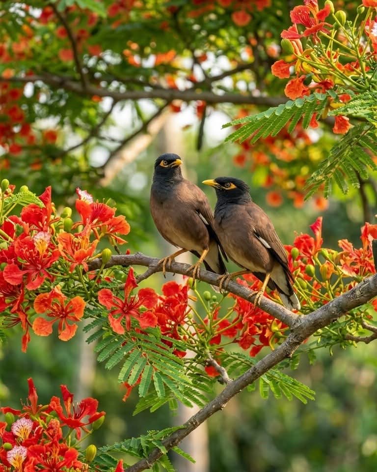কৃষ্ণচূড়ার ডালে বসে আছে দুটি শালিক পাখি। এ যেনো প্রকৃতির দারুন এক সৌন্দর্য্য।