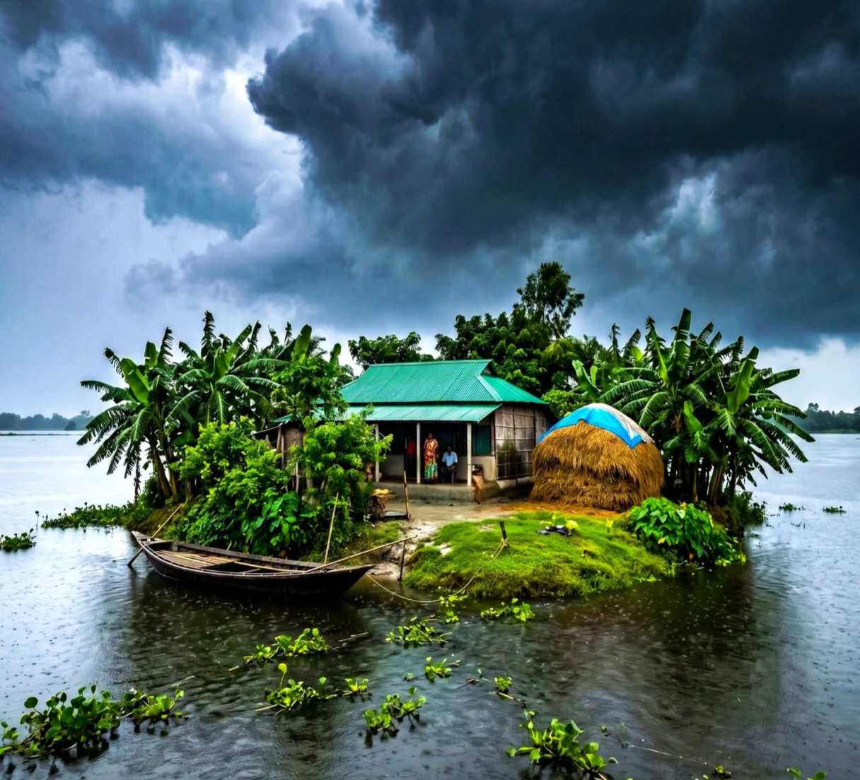 🌧️ চারদিকে পানি, মাথার উপর কালো মেঘ—তবুও ছোট্ট এই ঘরটাই জীবনের সবচেয়ে বড় সাহস। 🏡💚