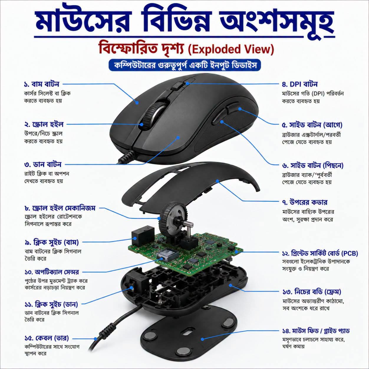 মাউসের বিভিন্ন অংশসমূহের বিবরণ।