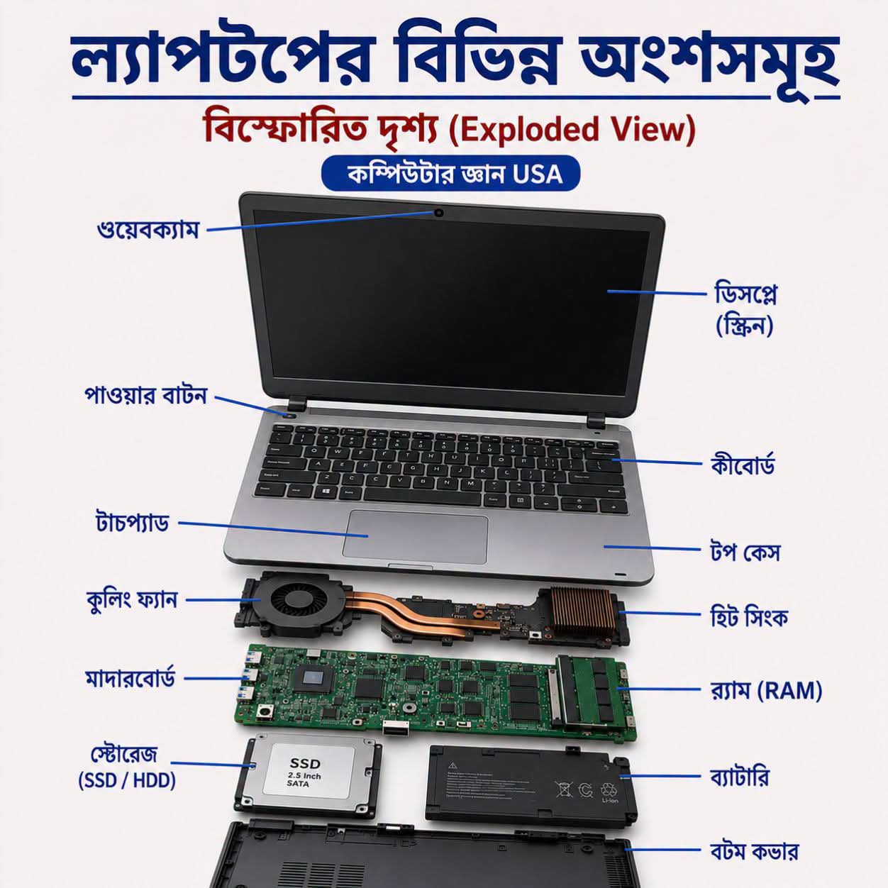 ল্যাপটপের বিভিন্ন অংশ বিবরণ।